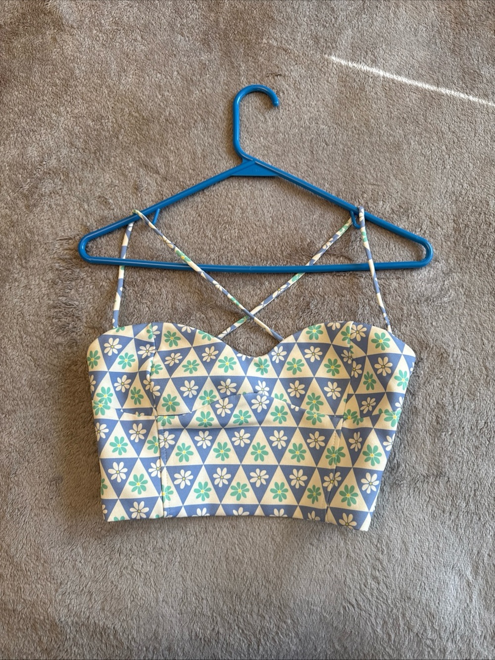 Zara 1970 Blue & Cream Floral Geometric Cropped Cami, M, side zipper